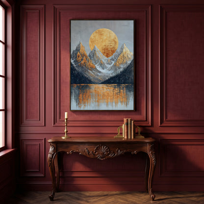 Gold Sun and Mountains Canvas Print in dark walnut floating frame