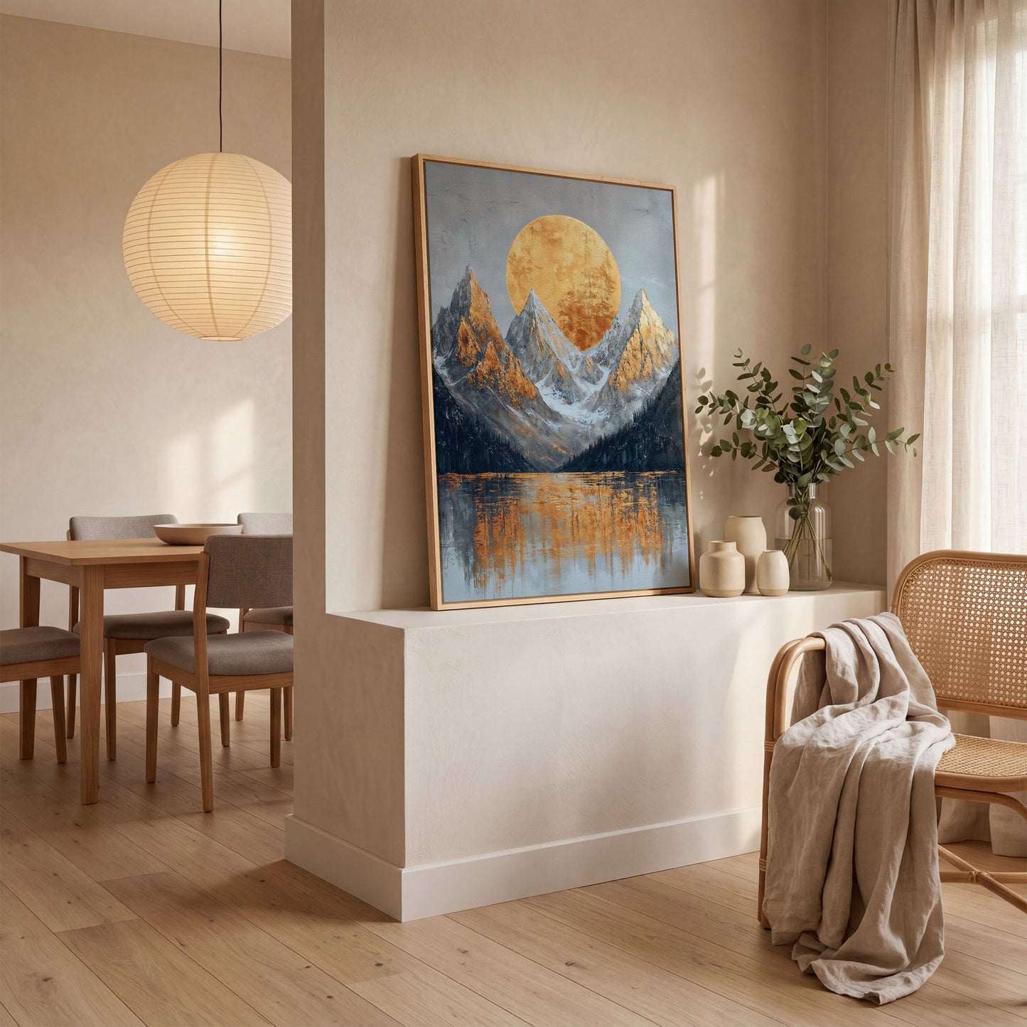 Gold Sun and Mountains Canvas Print in white oak floating frame