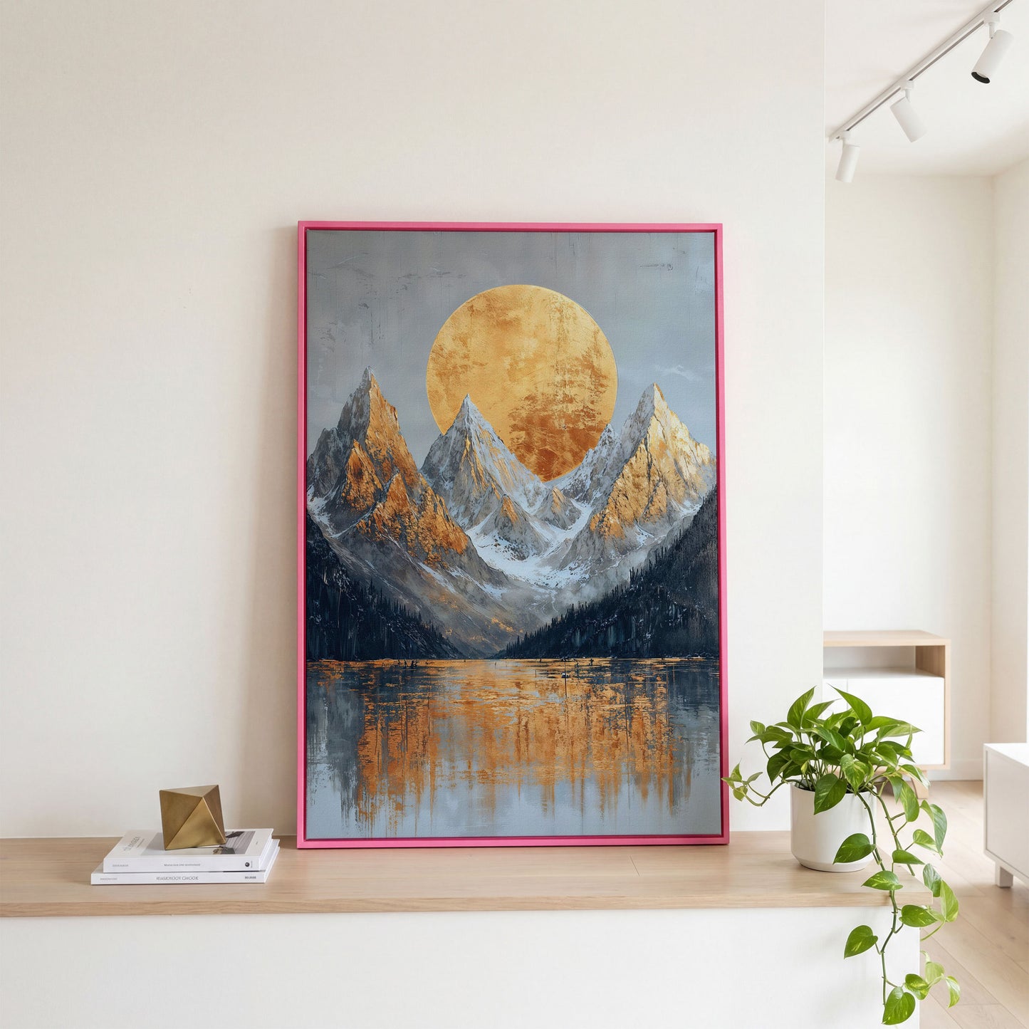 Gold Sun and Mountains Canvas Print in pink floating frame