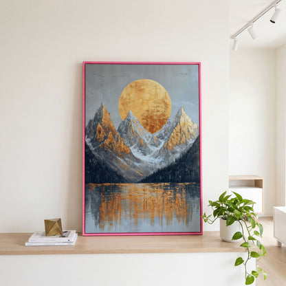 Gold Sun and Mountains Canvas Print in pink floating frame