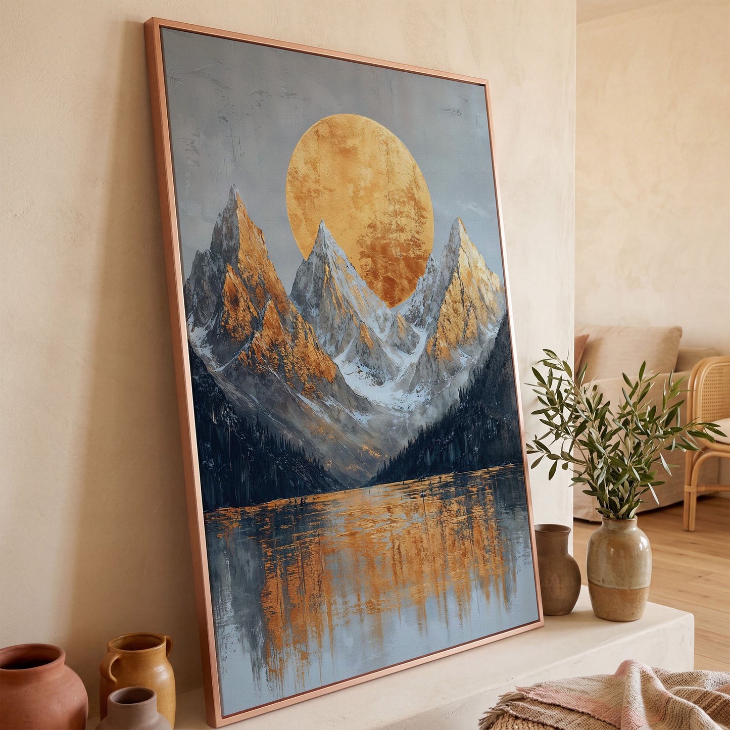 Gold Sun and Mountains Canvas Print in rose gold floating frame