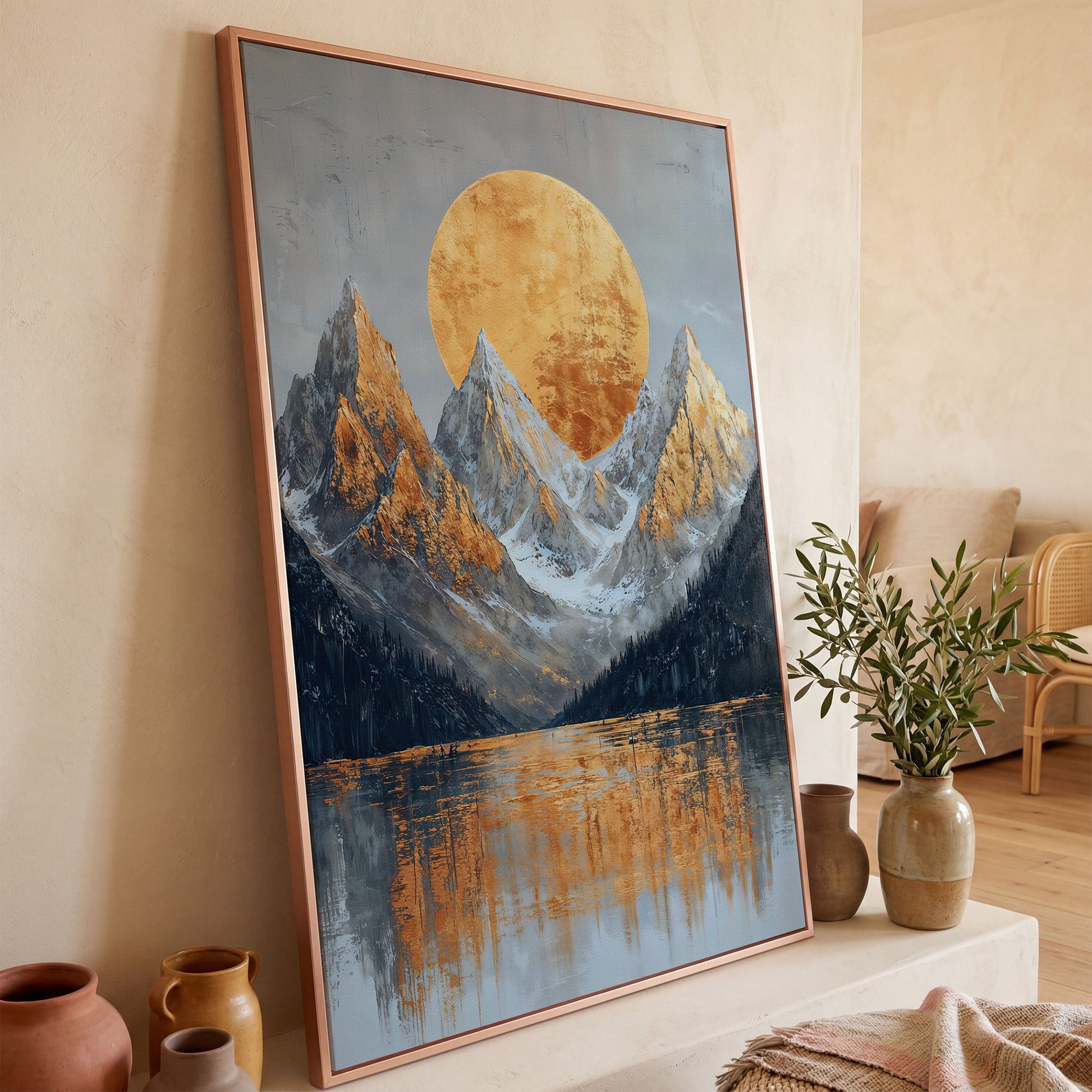 Gold Sun and Mountains Canvas Print in rose gold floating frame