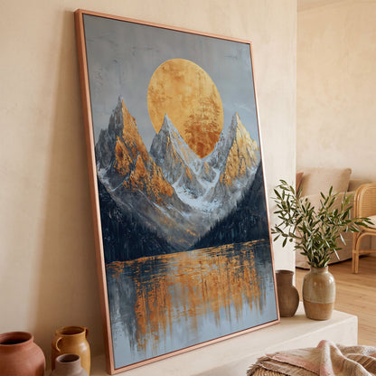 Gold Sun and Mountains Canvas Print in rose gold floating frame