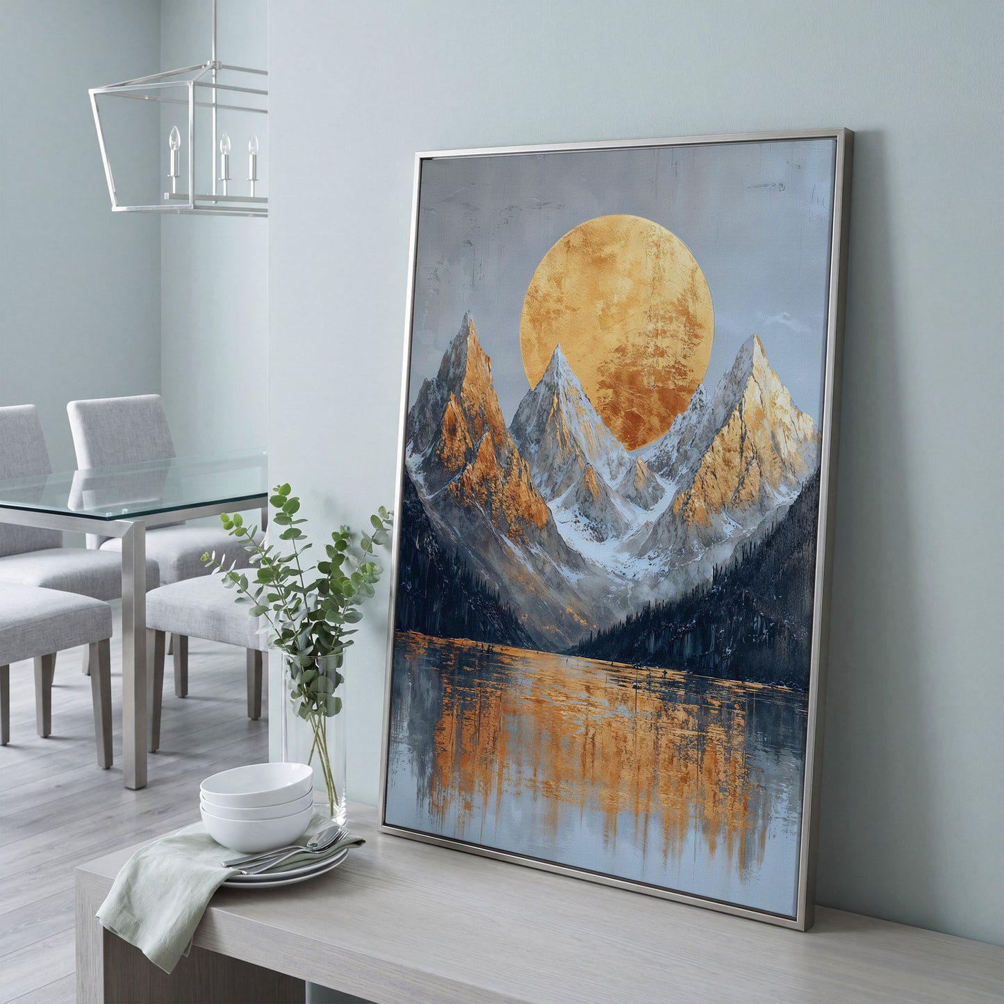 Gold Sun and Mountains Canvas Print in silver floating frame