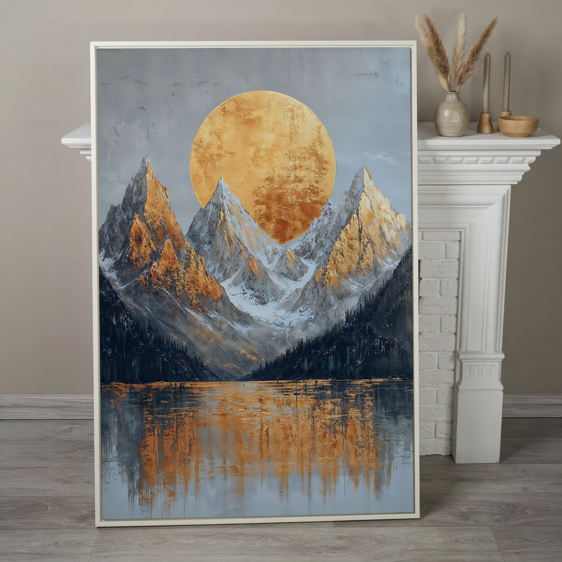 Gold Sun and Mountains Canvas Print in white floating frame