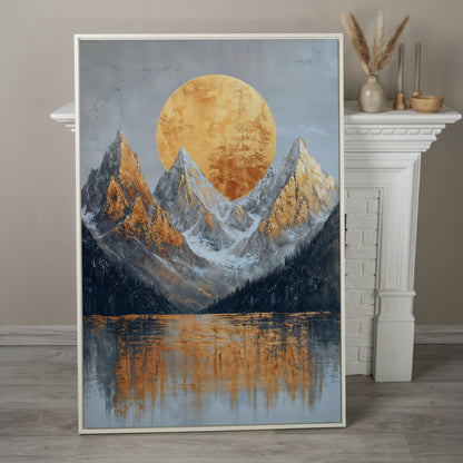 Gold Sun and Mountains Canvas Print in white floating frame