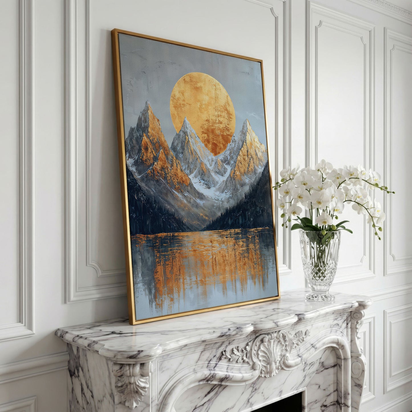 Gold Sun and Mountains Canvas Print in yellow gold floating frame