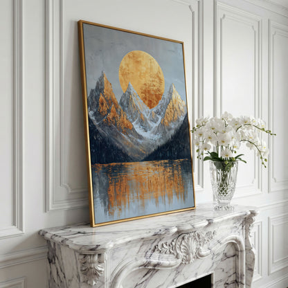 Gold Sun and Mountains Canvas Print in yellow gold floating frame