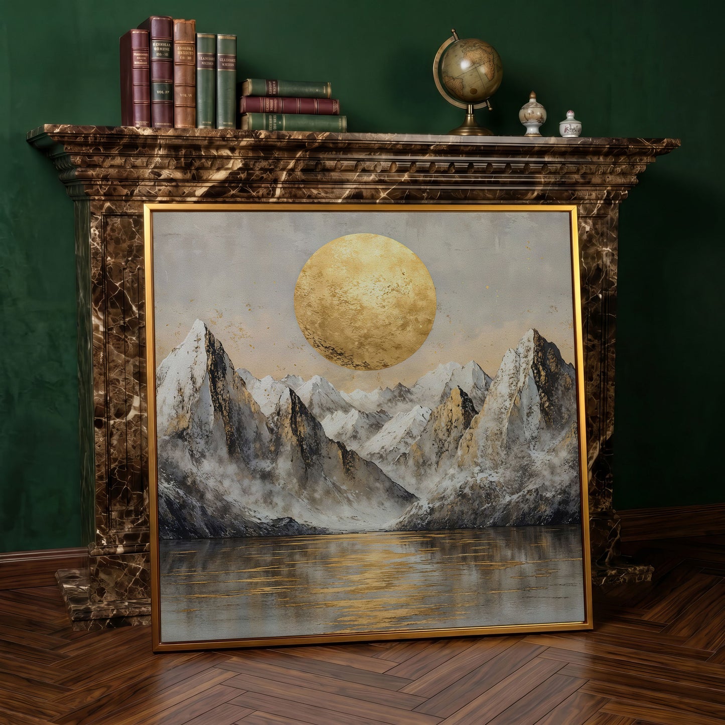 Golden Sun Over Snowy Peaks Canvas in antique gold floating frame