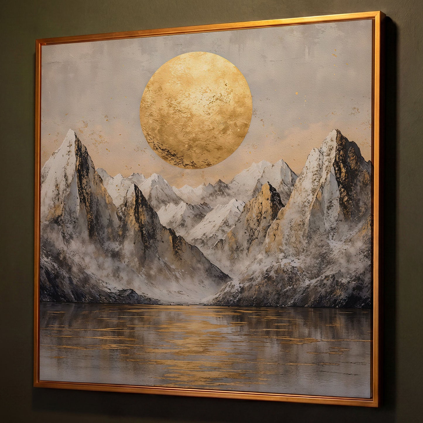 Golden Sun Over Snowy Peaks Canvas shown in antique gold floating frame