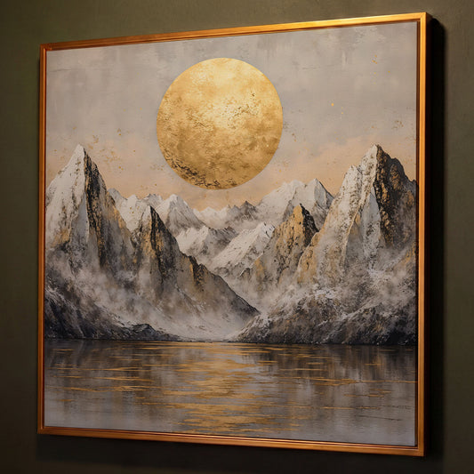 Golden Sun Over Snowy Peaks Canvas shown in antique gold floating frame