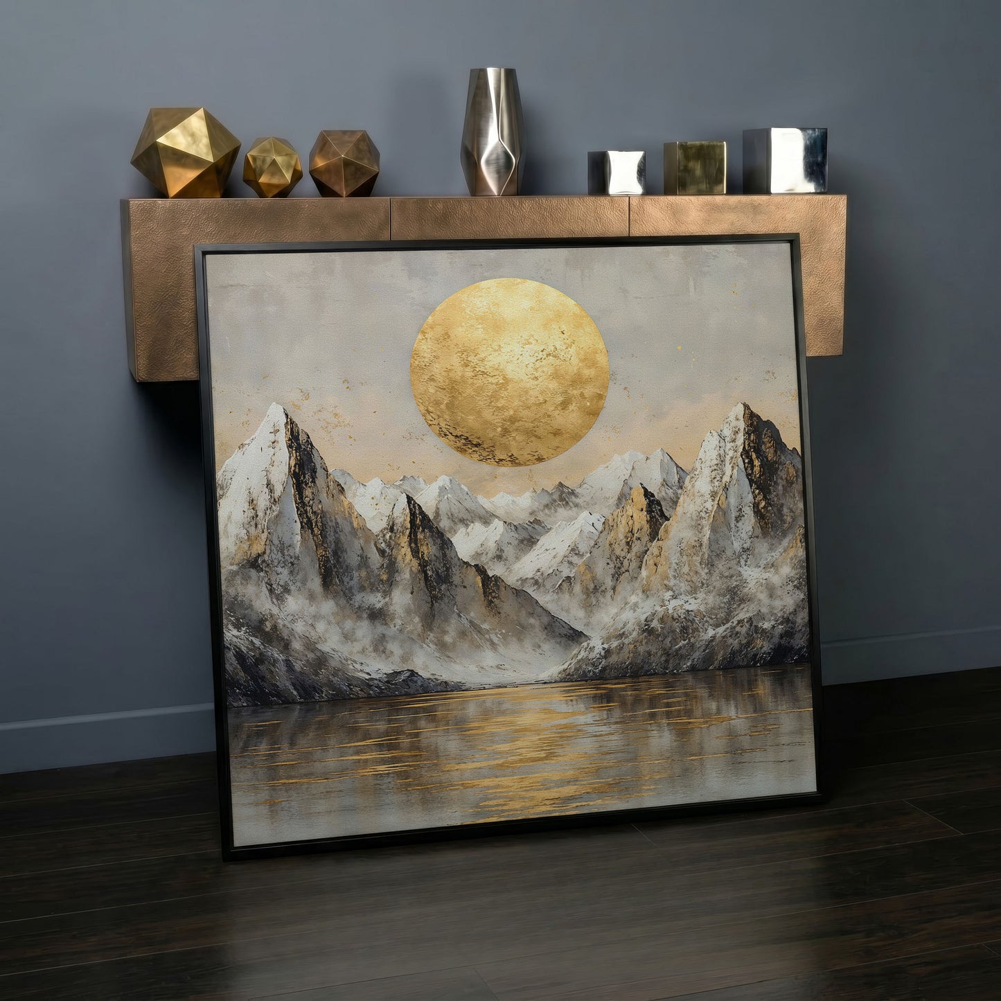 Golden Sun Over Snowy Peaks Canvas in black floating frame