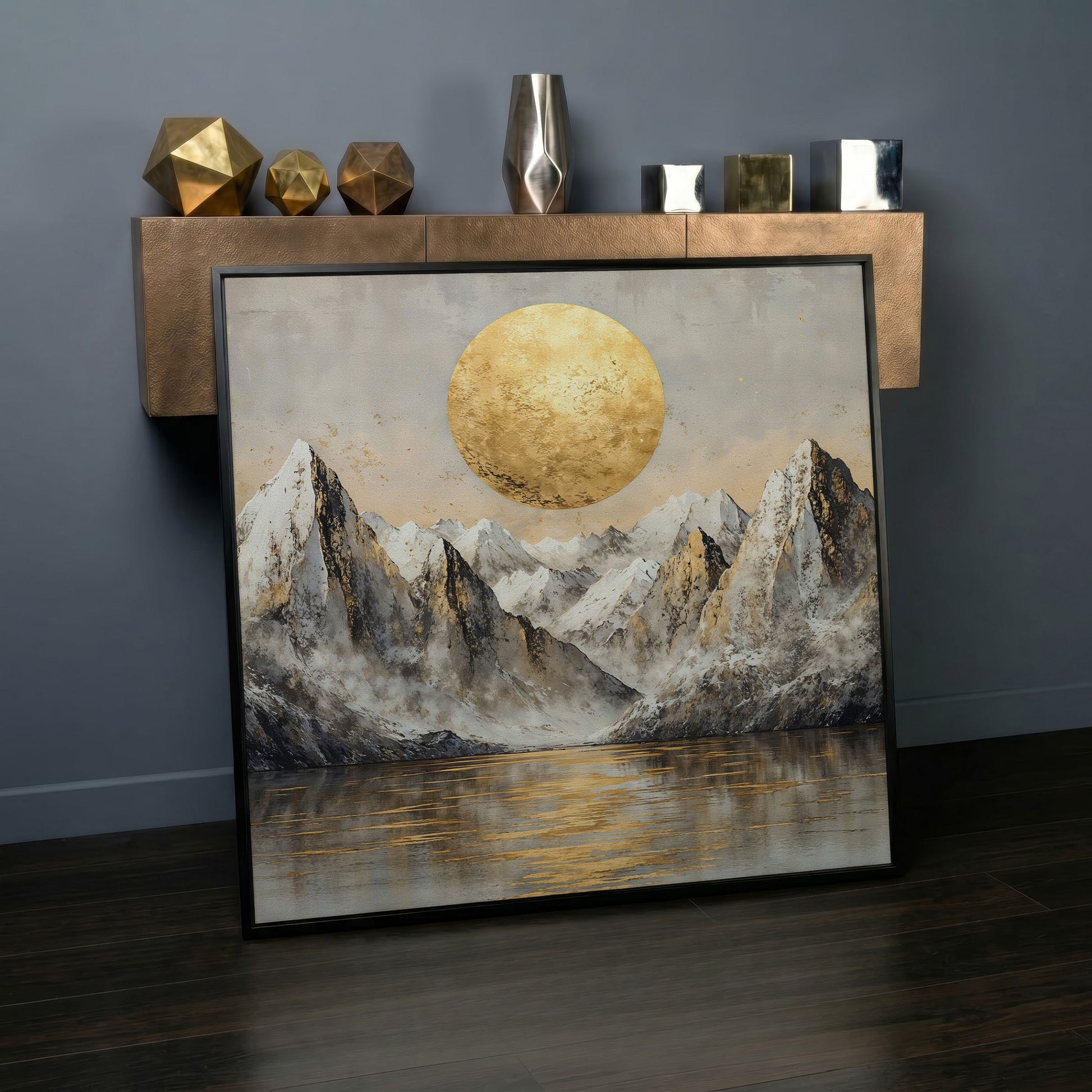 Golden Sun Over Snowy Peaks Canvas in black floating frame