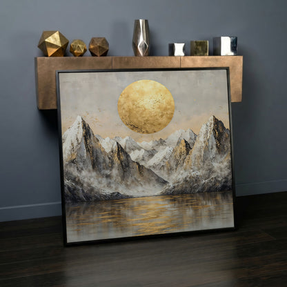 Golden Sun Over Snowy Peaks Canvas in black floating frame