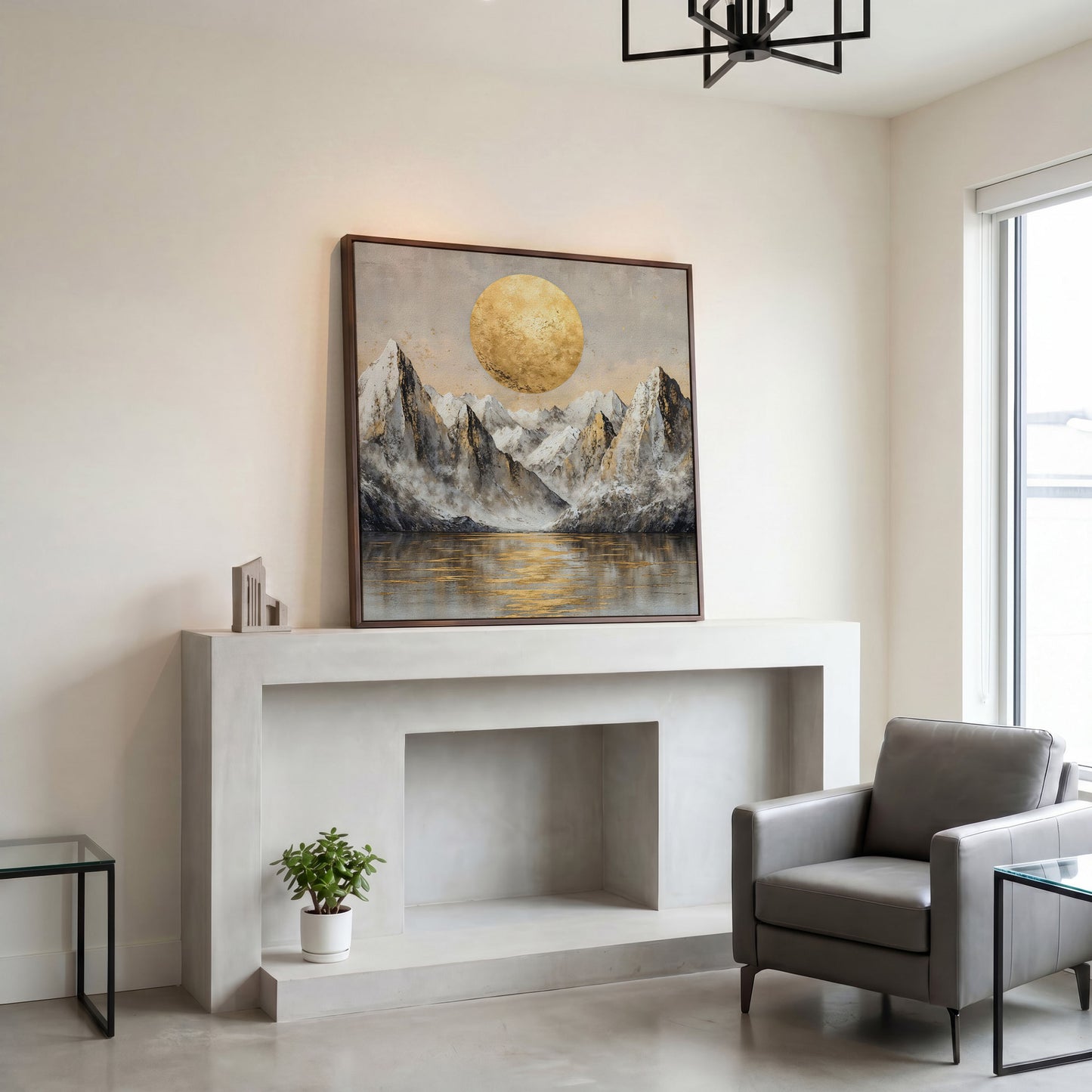 Golden Sun Over Snowy Peaks Canvas in dark walnut floating frame