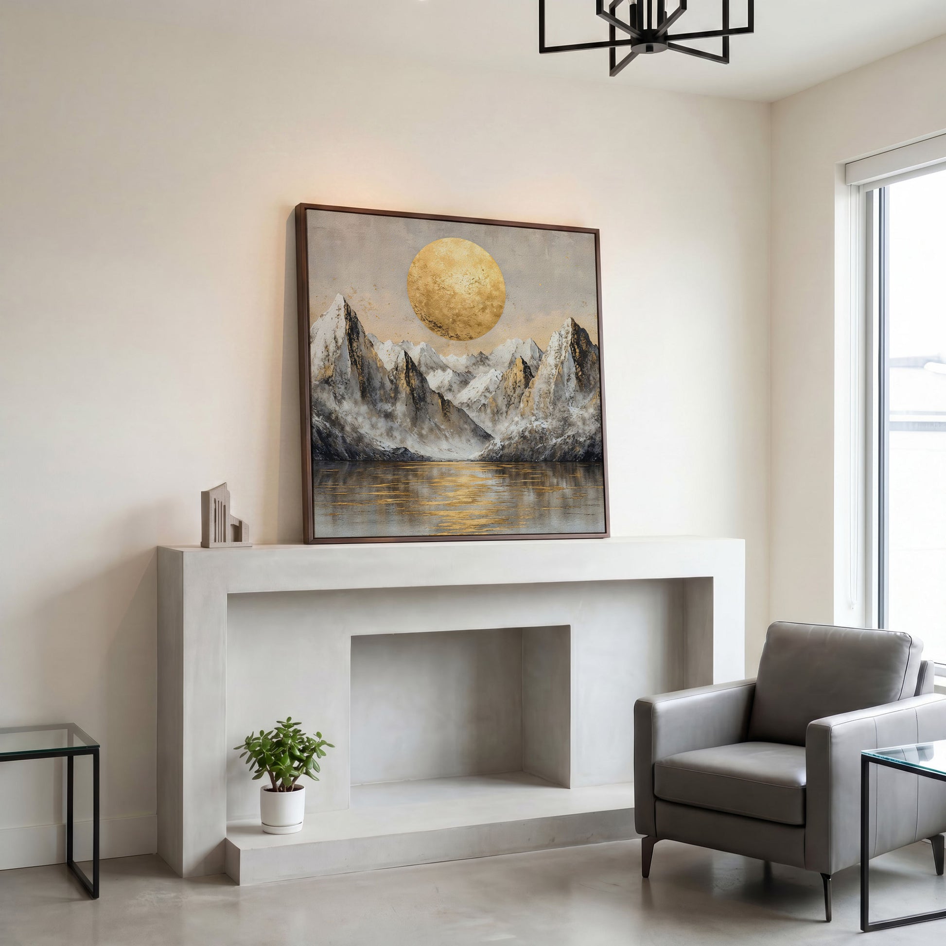 Golden Sun Over Snowy Peaks Canvas in dark walnut floating frame