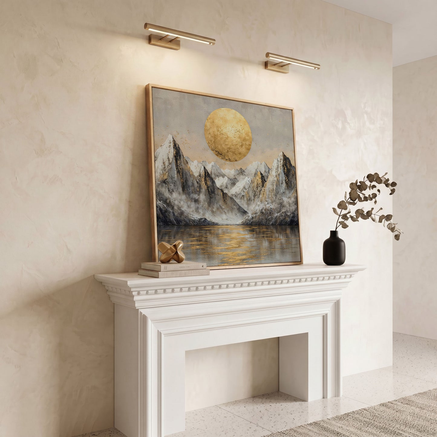 Golden Sun Over Snowy Peaks Canvas in white oak floating frame