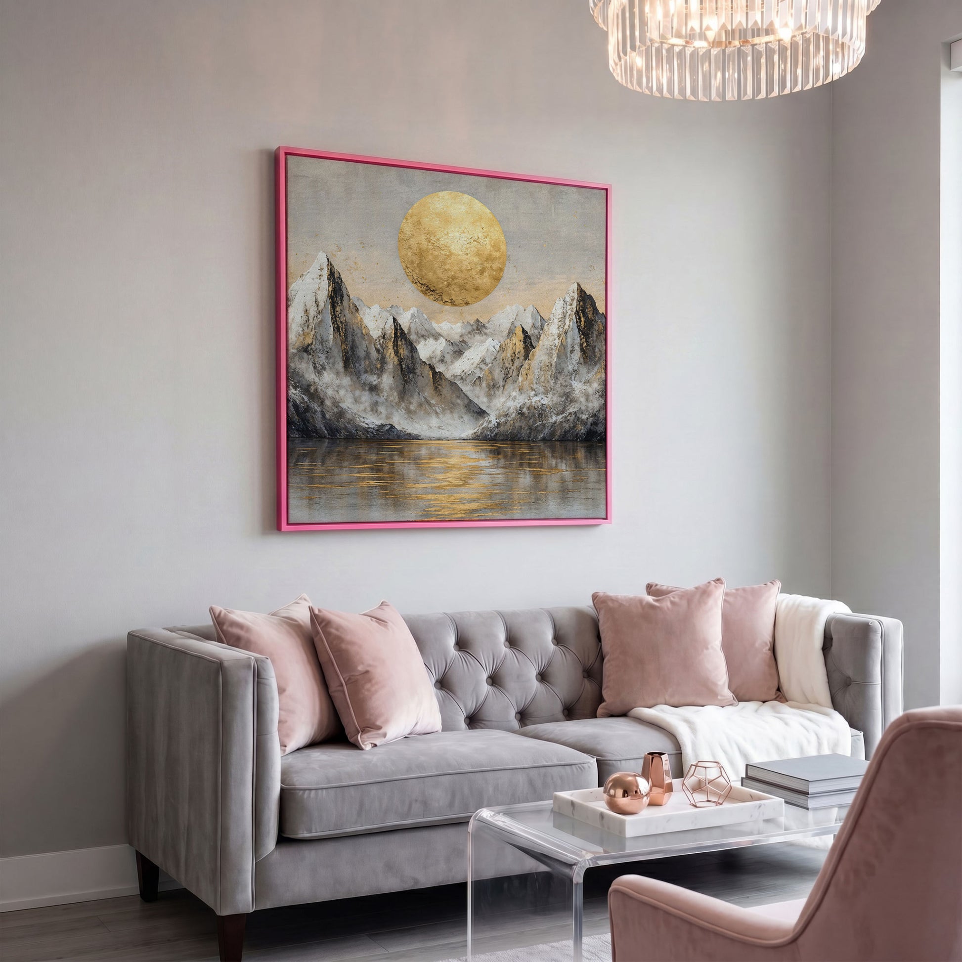 Golden Sun Over Snowy Peaks Canvas in pink floating frame