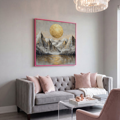Golden Sun Over Snowy Peaks Canvas in pink floating frame