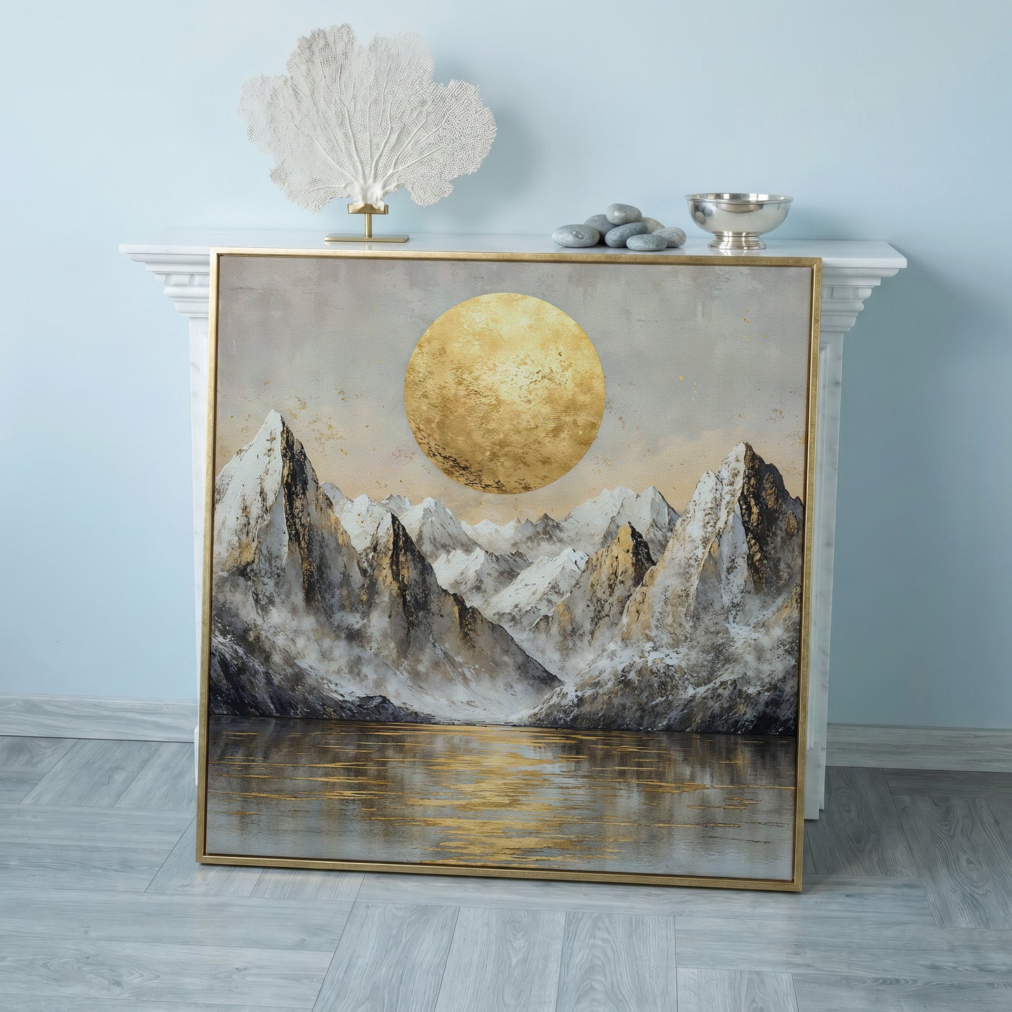 Golden Sun Over Snowy Peaks Canvas in rose gold floating frame