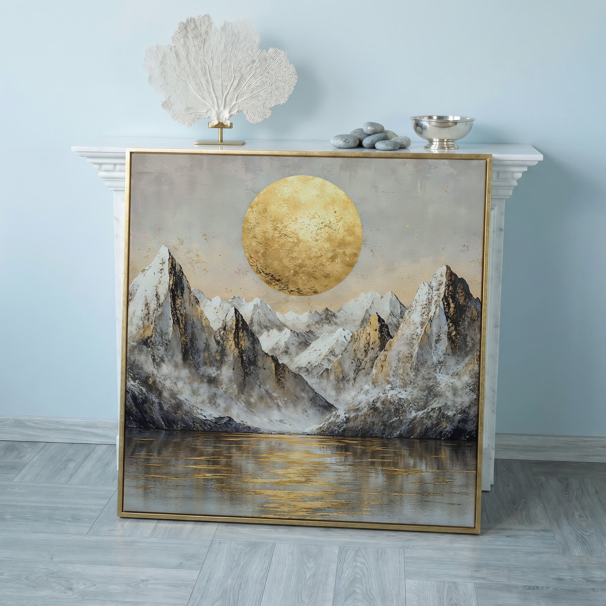 Golden Sun Over Snowy Peaks Canvas in rose gold floating frame