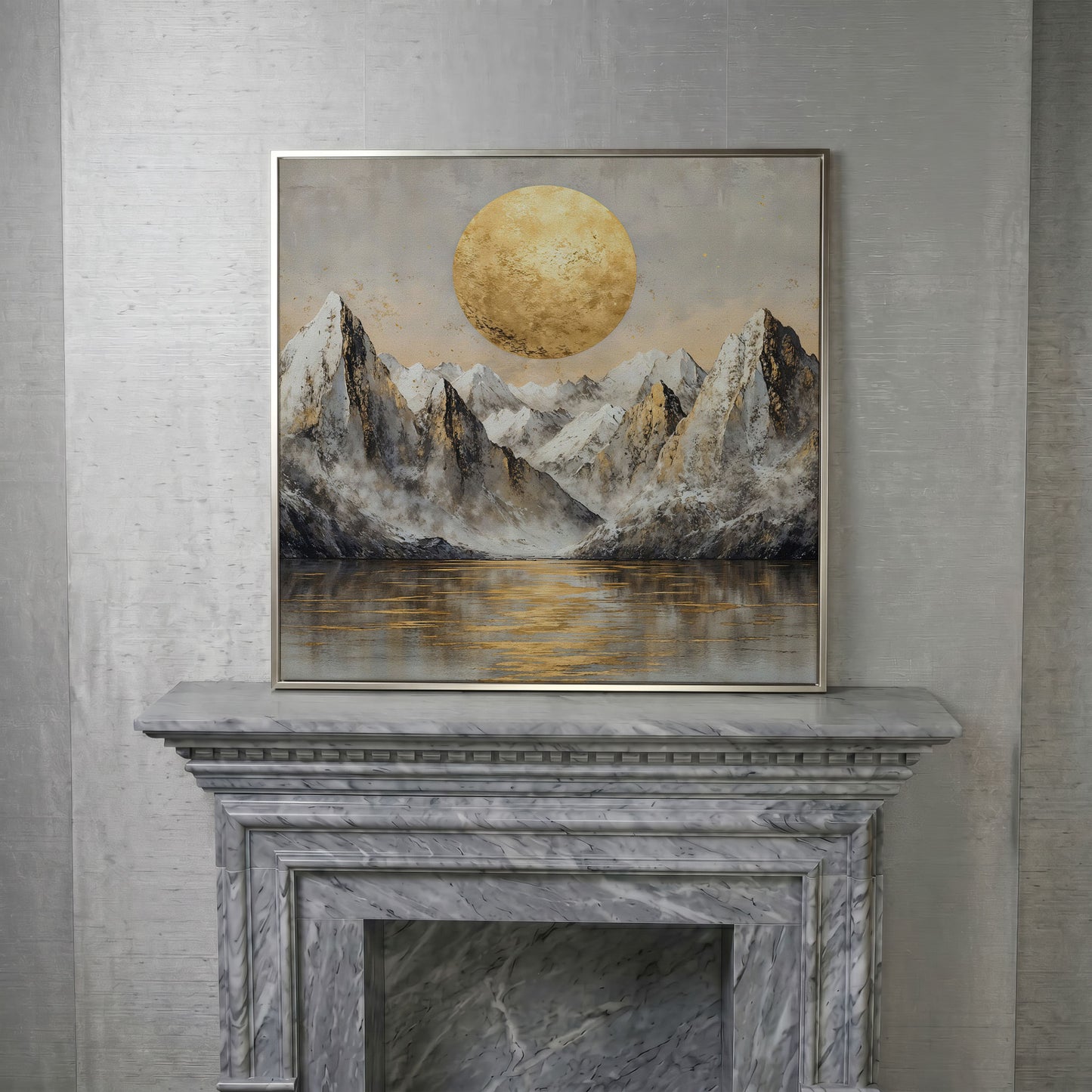 Golden Sun Over Snowy Peaks Canvas in silver floating frame
