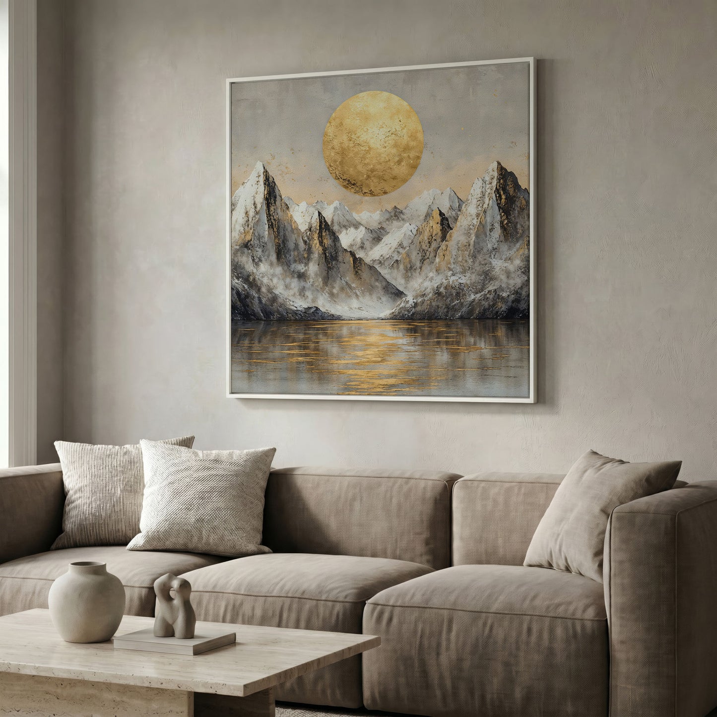 Golden Sun Over Snowy Peaks Canvas in white floating frame
