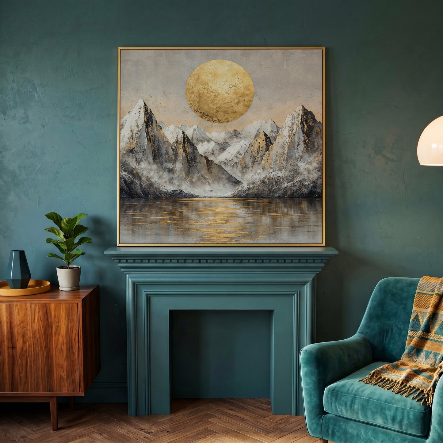 Golden Sun Over Snowy Peaks Canvas in yellow gold floating frame