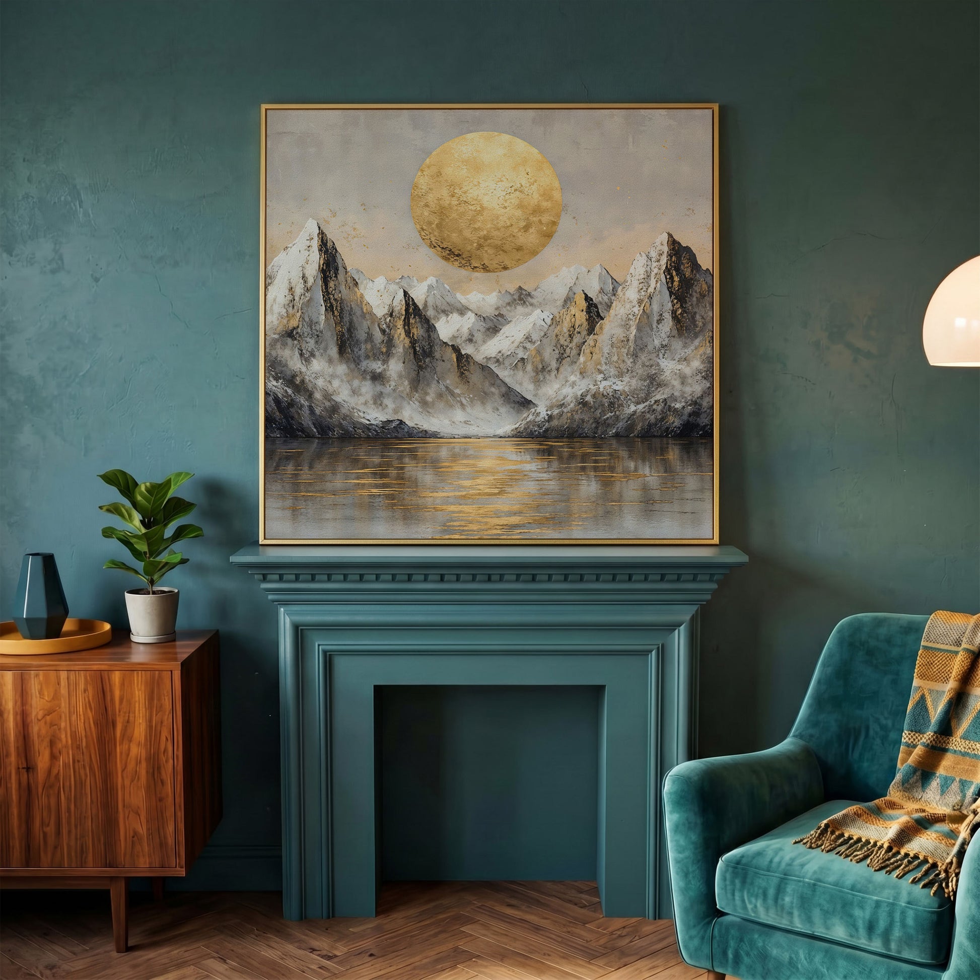 Golden Sun Over Snowy Peaks Canvas in yellow gold floating frame
