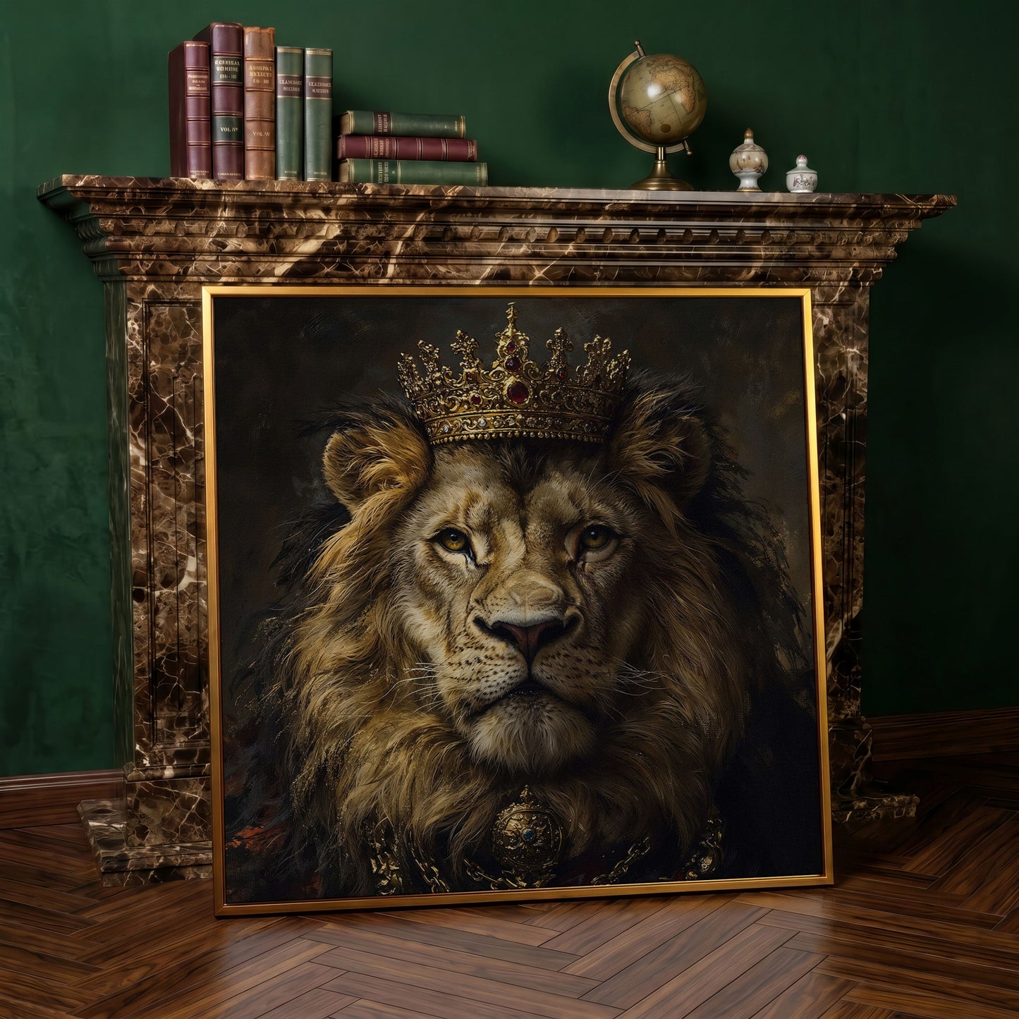 Crowned Lion Portrait Canvas Print in antique gold floating frame