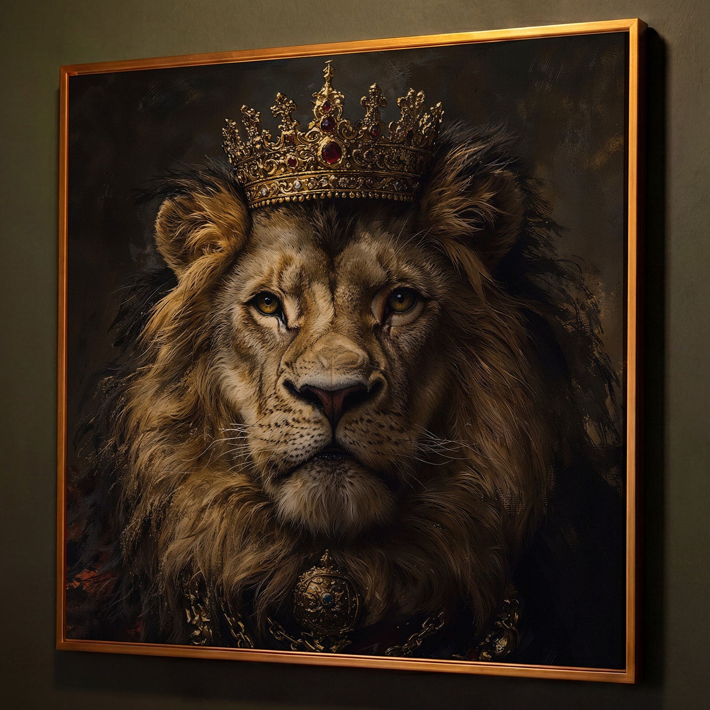 Crowned Lion Portrait Canvas Print shown in antique gold floating frame