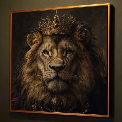 Crowned Lion Portrait Canvas Print shown in antique gold floating frame