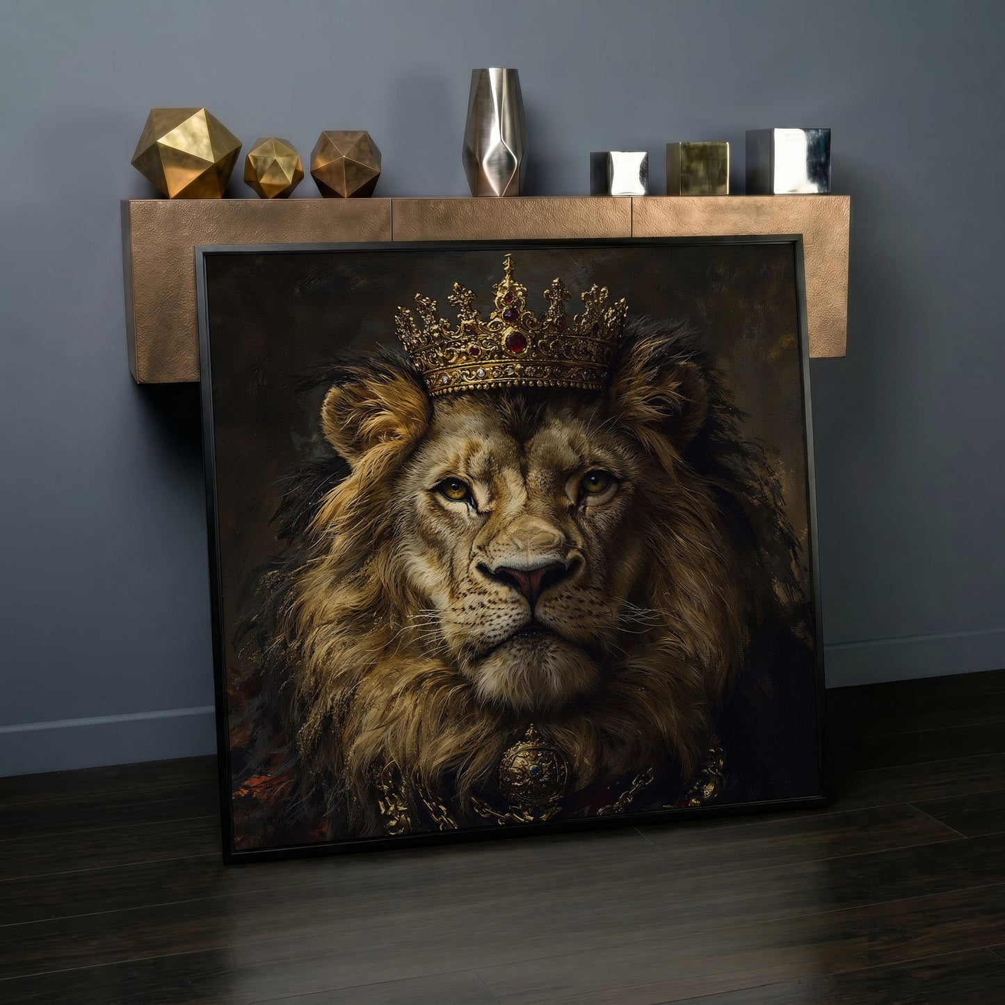 Crowned Lion Portrait Canvas Print in black floating frame