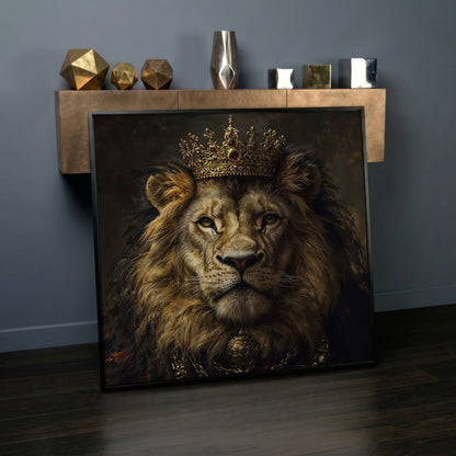 Crowned Lion Portrait Canvas Print in black floating frame