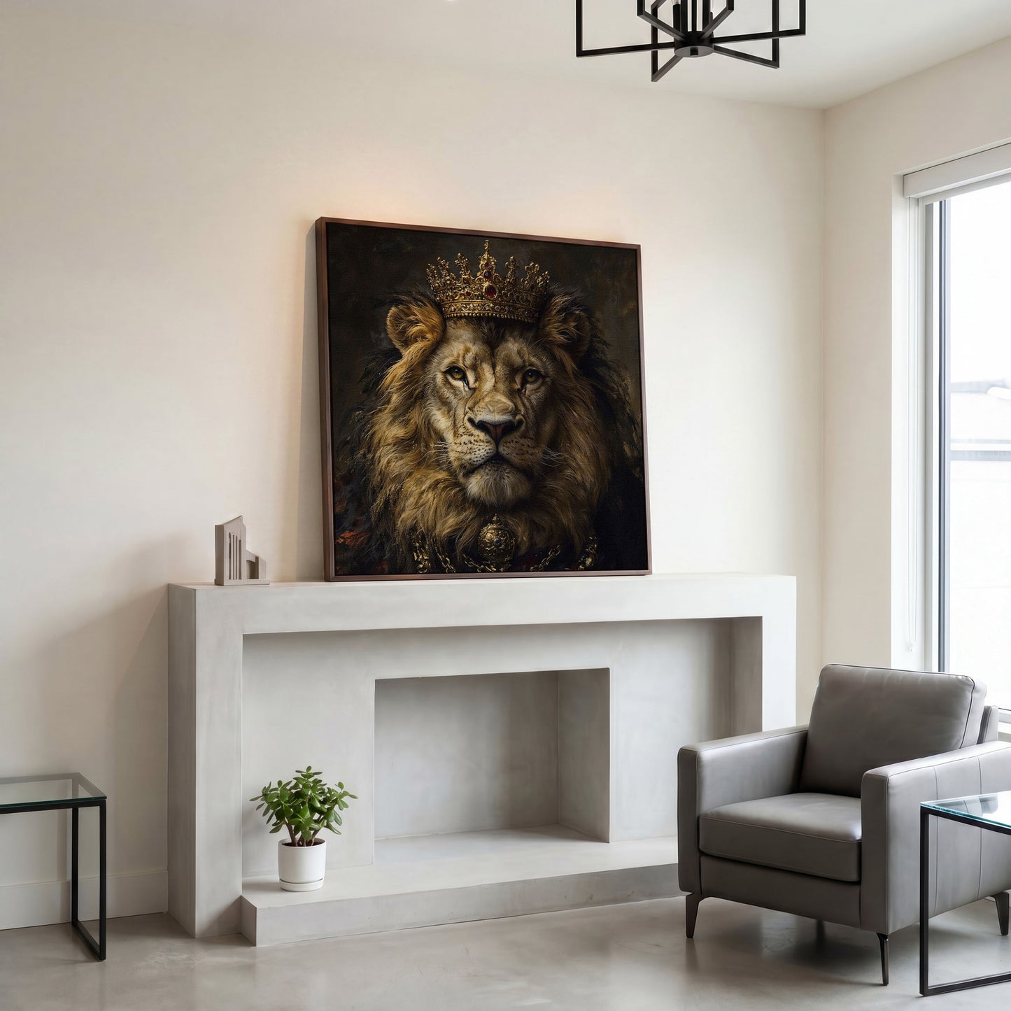 Crowned Lion Portrait Canvas Print in dark walnut floating frame