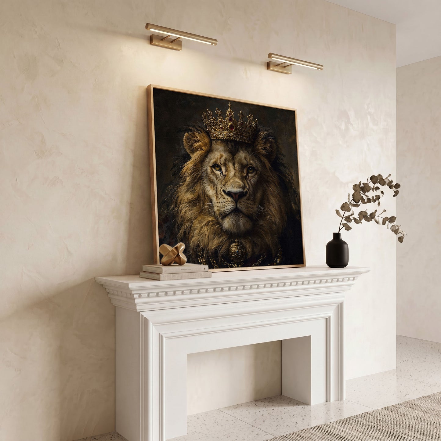 Crowned Lion Portrait Canvas Print in white oak floating frame