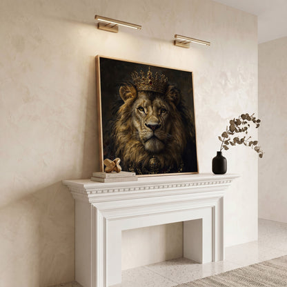 Crowned Lion Portrait Canvas Print in white oak floating frame