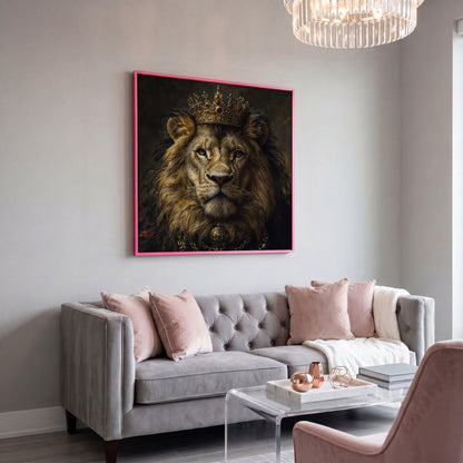 Crowned Lion Portrait Canvas Print in pink floating frame