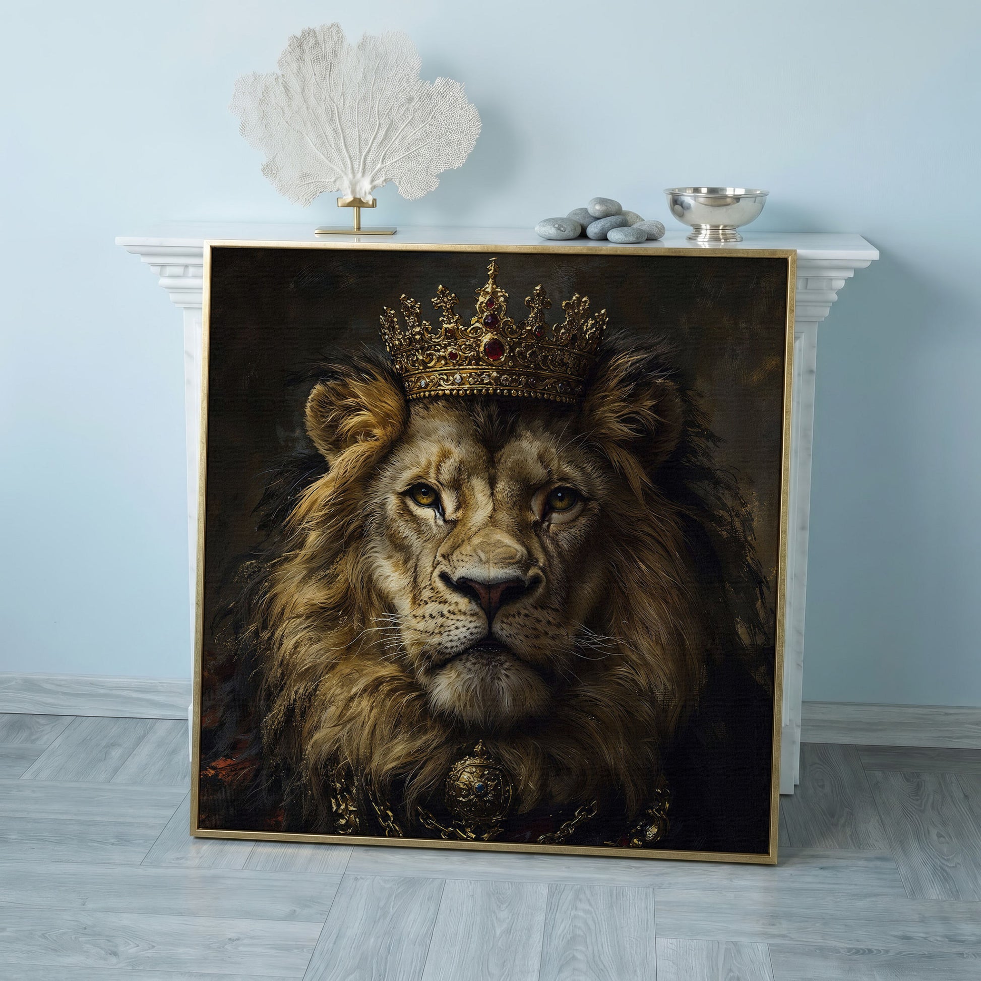 Crowned Lion Portrait Canvas Print in rose gold floating frame