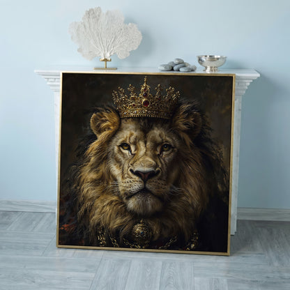 Crowned Lion Portrait Canvas Print in rose gold floating frame