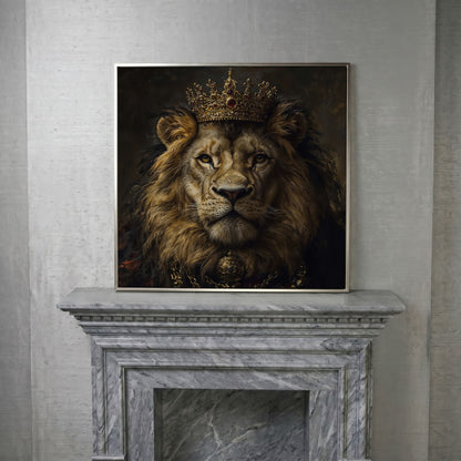 Crowned Lion Portrait Canvas Print in silver floating frame