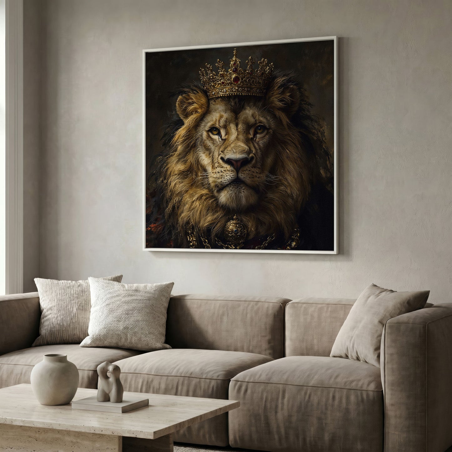 Crowned Lion Portrait Canvas Print in white floating frame