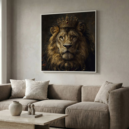 Crowned Lion Portrait Canvas Print in white floating frame