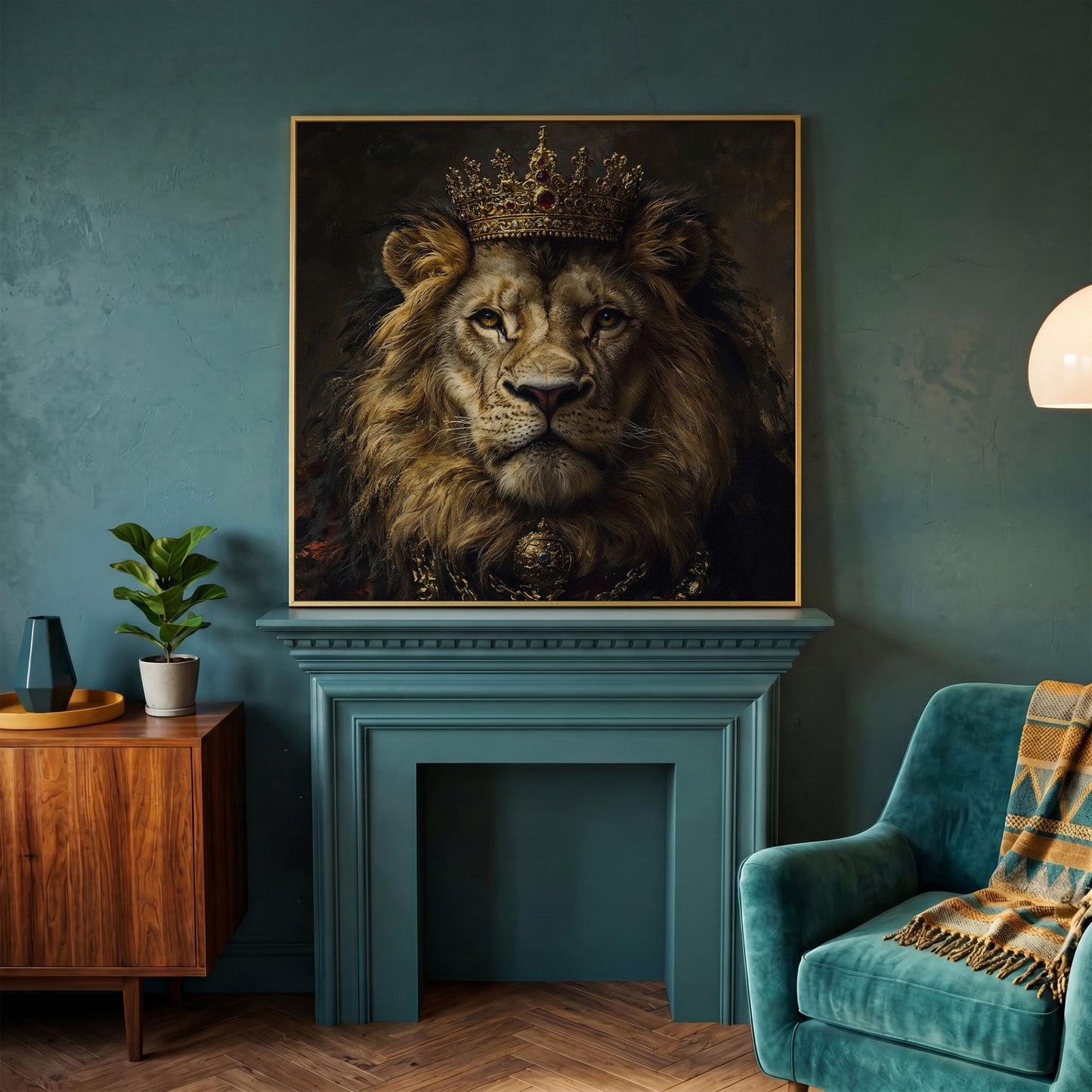 Crowned Lion Portrait Canvas Print in yellow gold floating frame