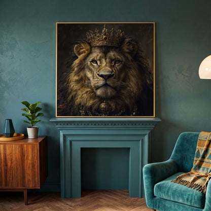 Crowned Lion Portrait Canvas Print in yellow gold floating frame