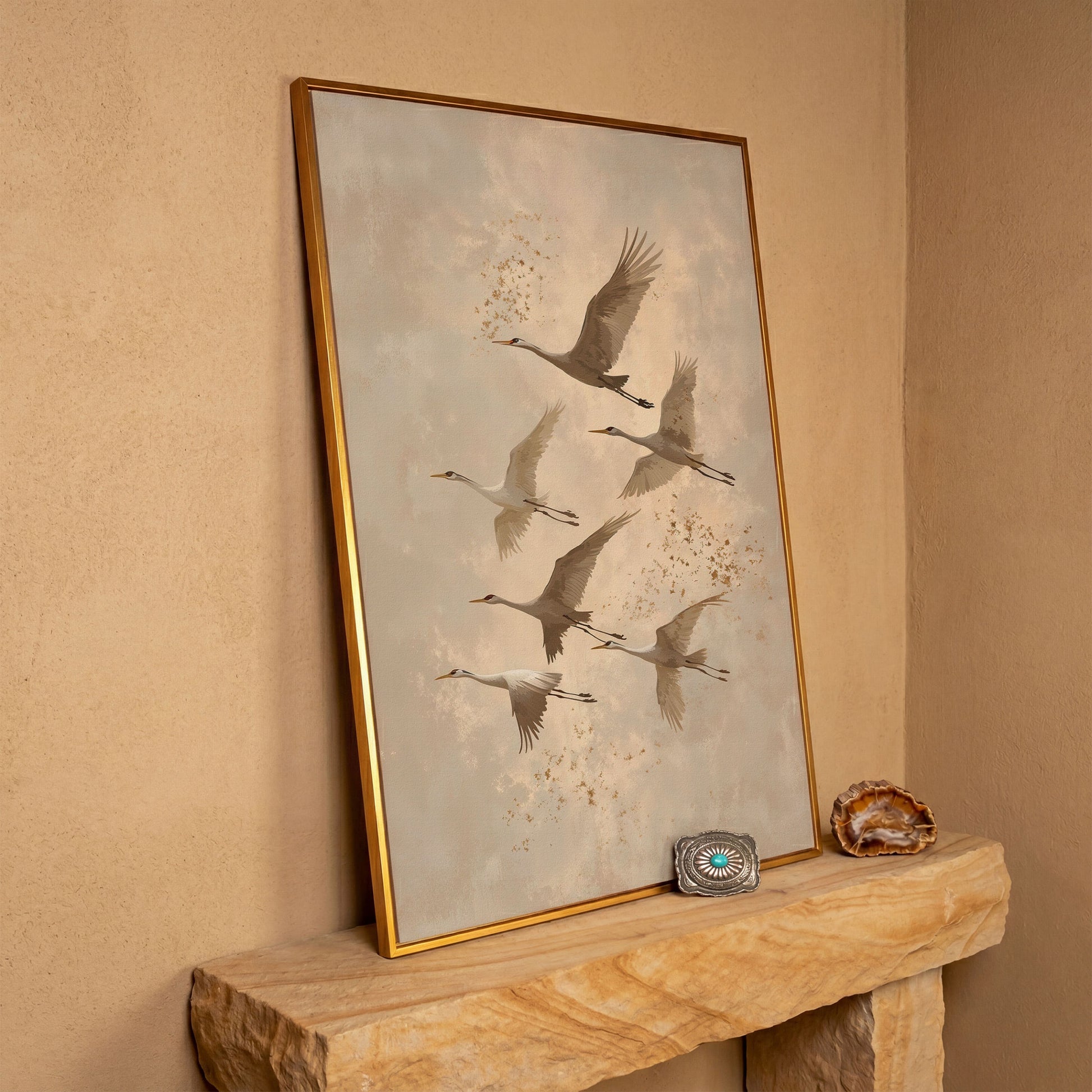 Cranes in Flight Canvas Print in Oatmeal & Taupe in antique gold floating frame