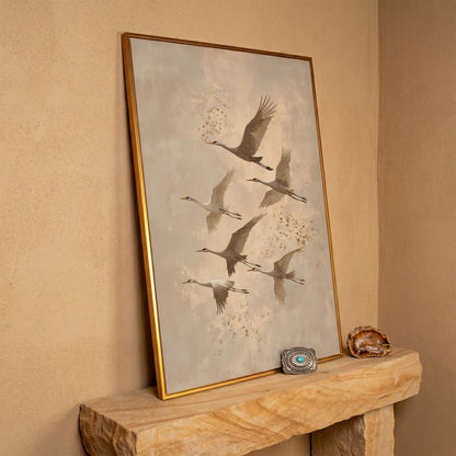 Cranes in Flight Canvas Print in Oatmeal & Taupe in antique gold floating frame
