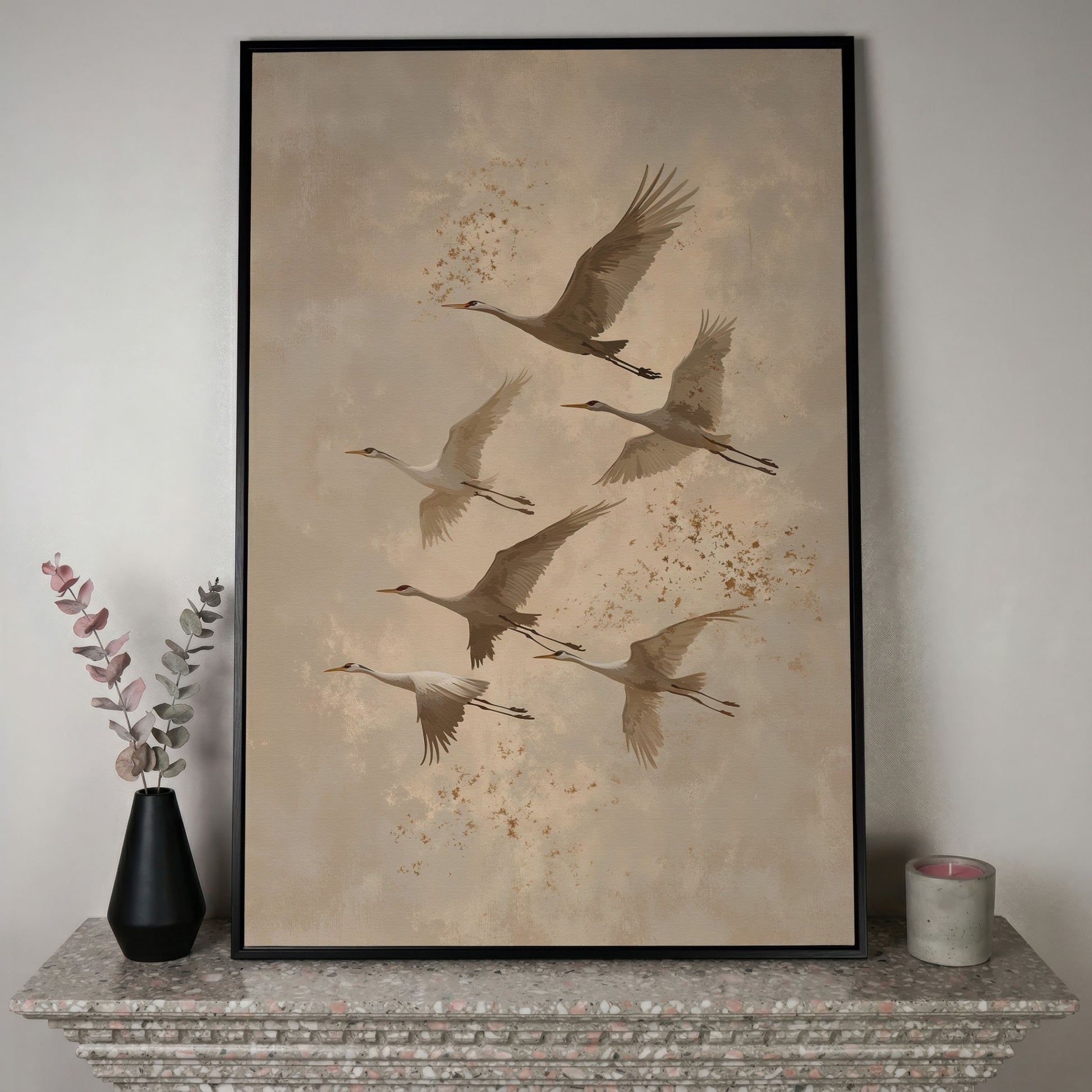 Cranes in Flight Canvas Print in Oatmeal & Taupe in black floating frame
