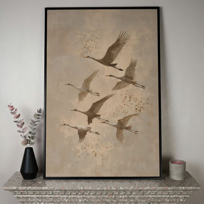 Cranes in Flight Canvas Print in Oatmeal & Taupe in black floating frame