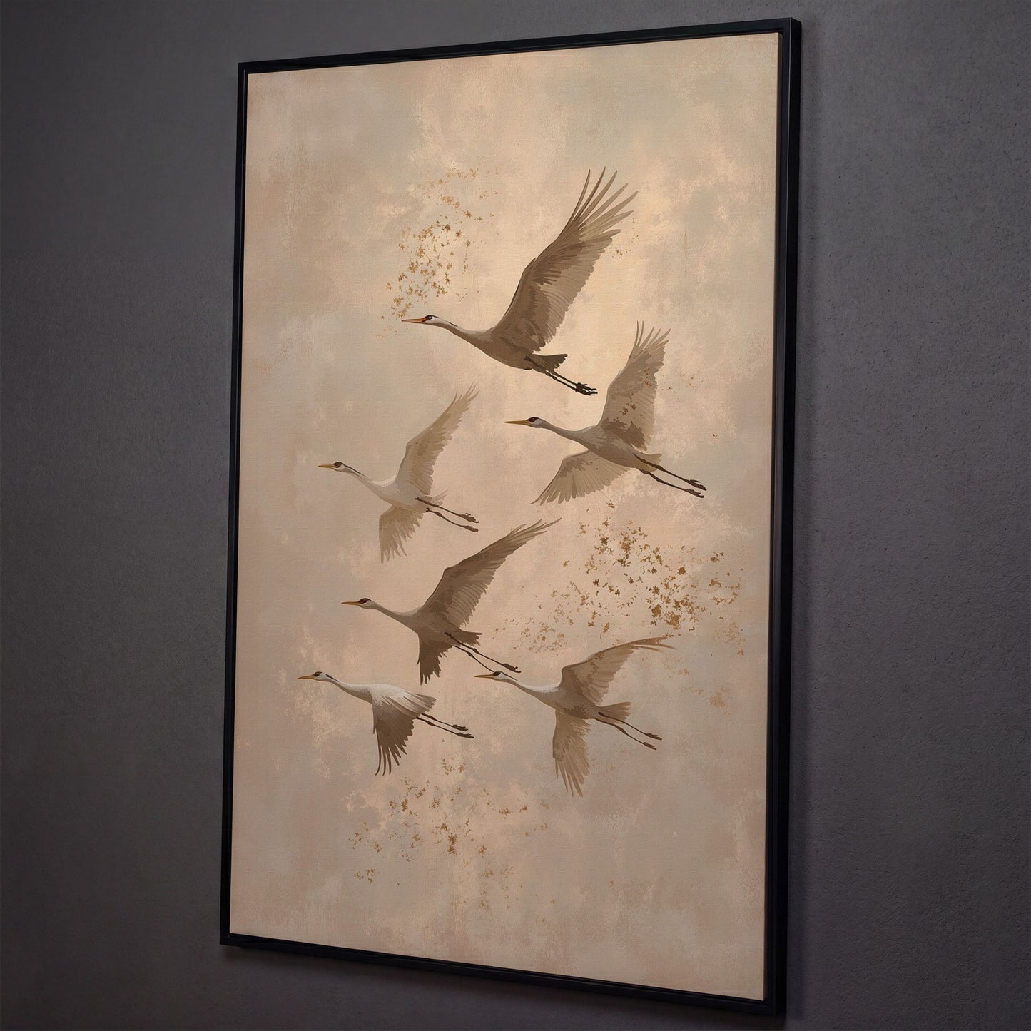 Cranes in Flight Canvas Print in Oatmeal & Taupe shown in black floating frame
